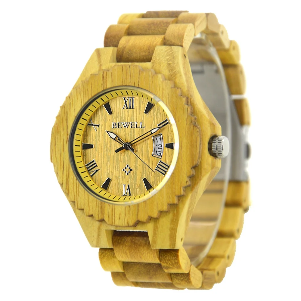 Bewell, relojes de madera hechos a mano para hombre, la última moda, esfera  amarilla, cristal Mineral, puntero, pantalla, cuarzo japonés, superventas