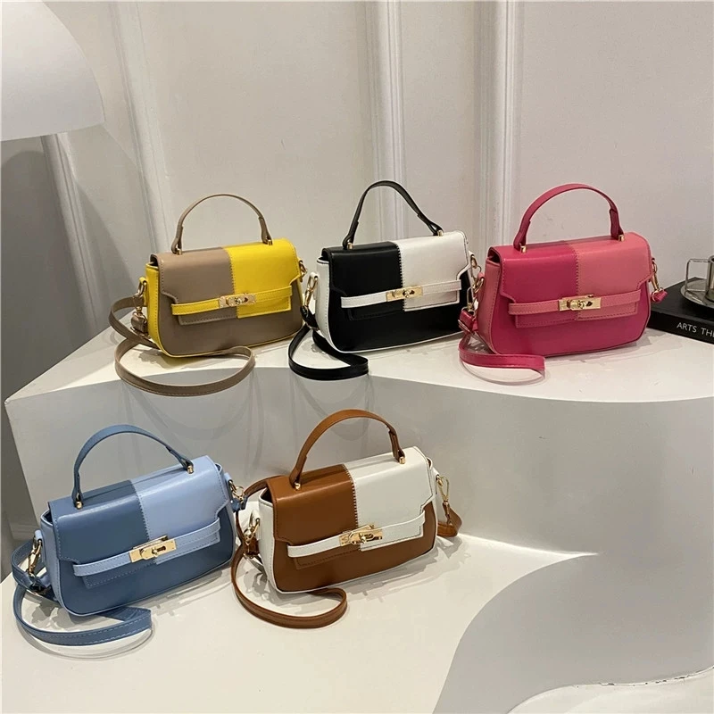 Contrast Color Small Tote Bag Ladies Handbag Vintage Square Bag Platinum Stylish Chain Shoulder Crossbody Bags for Daily Use