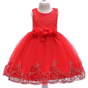 Solid Color Polyester Sleeveless Bow Mesh Kids Princess Dress Embroidered Lace Decorated Knee-Length Girls Summer Evening Dress