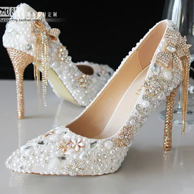 S723 High Quality New Crystal Bridal Pearl Rhinestone Stiletto High Heel  Wedding Bridal Shoes