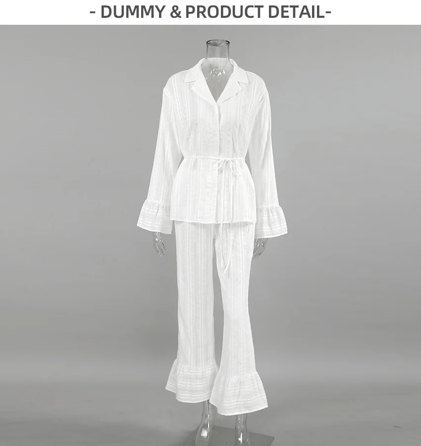 Women Cotton Pajama Set Long Sleeve Striped Jacquard Full Length Sleepwear Breathable Soft European American Style — detail