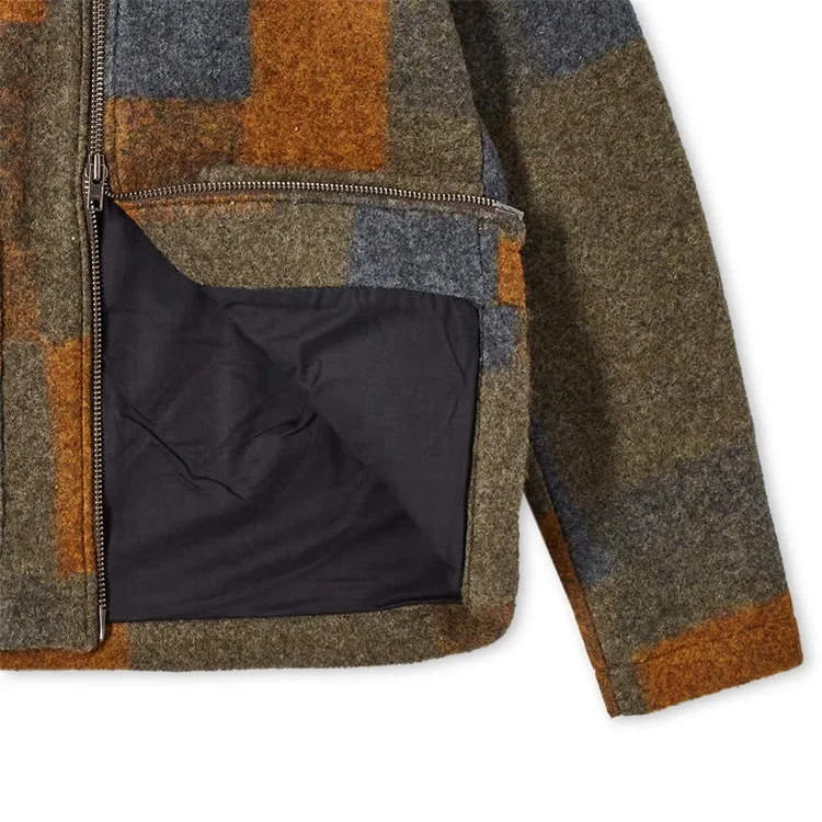 OEM Custom Boxy Fit Check Pattern Front Pockets Color Block Wool Jacket for Men