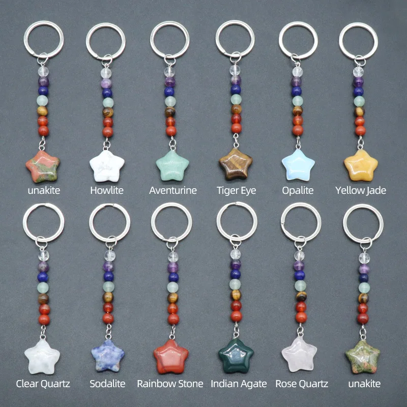 Crystal Star Keychain With 7 Chakra Natural Stone Bead Charm Gemstone Key Ring for Car Wallet Backpack Key Chain