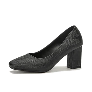 Women's Fashion Black Textured Microfiber Square Heel Office Shoes 7cm Comfort Summer Square Toe Slip-On Pumps