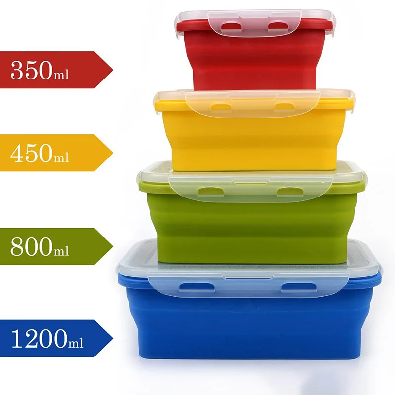 350/500/800/1200ml Silicone Bento Box Collapsible Portable Lunch Box for  Food Dinnerware Food Grade Folding Silicone Container