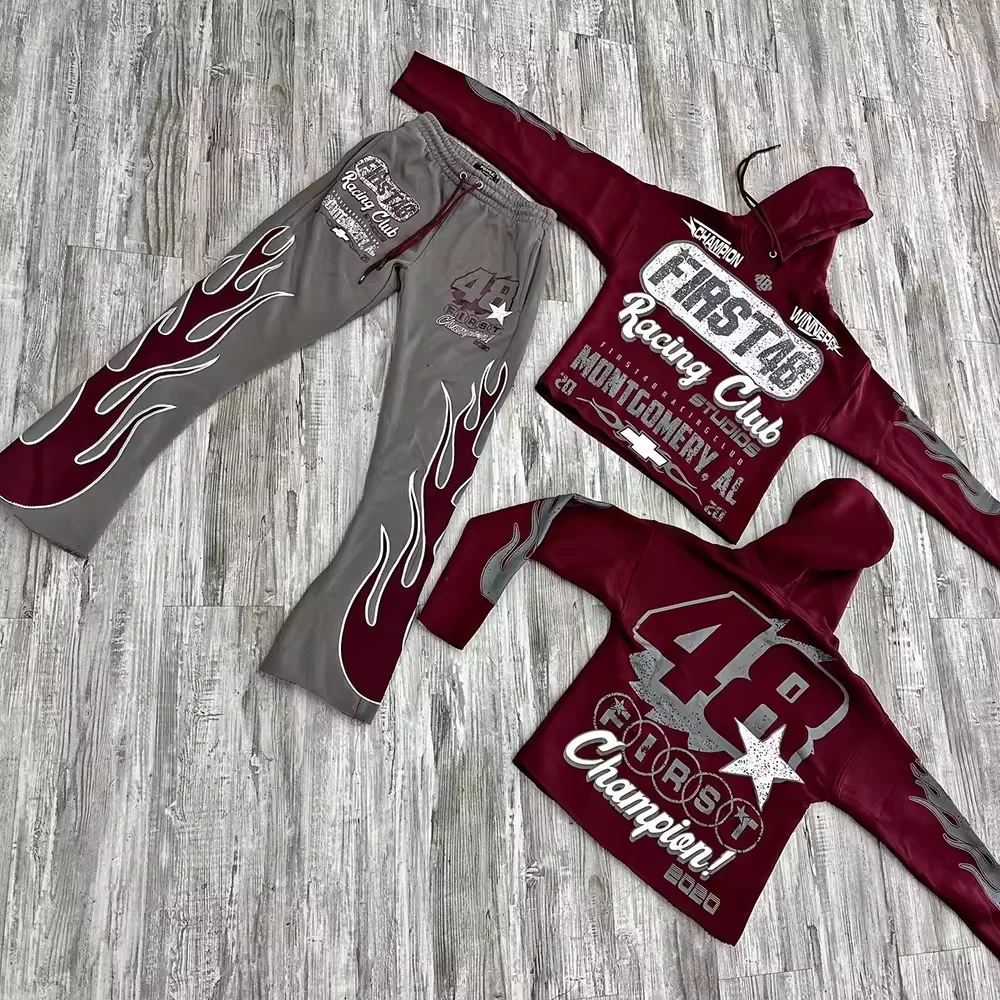 Salati OEM Custom Heavy Weight Tracksuit Fleece Cropped Silk Screen Printing Y2K Flare Sweatpants and Hoodie Sets for Men gallery 2