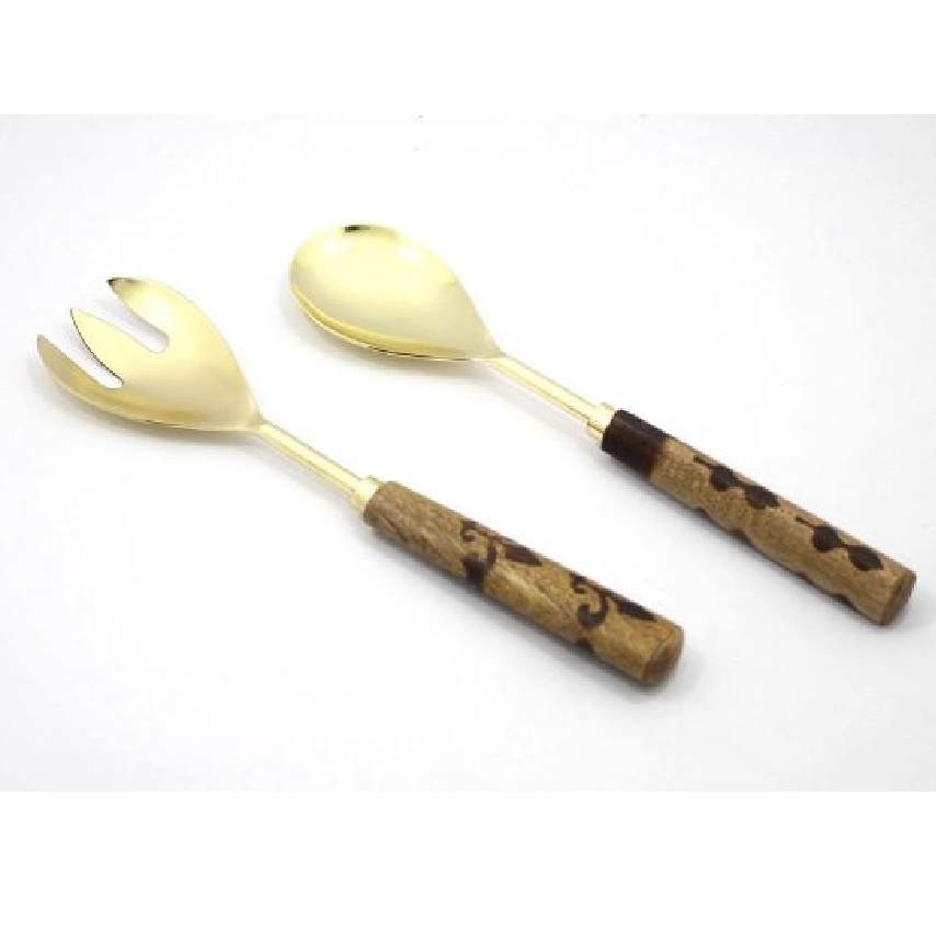 Подставка для салата из нержавеющей стали с золотым покрытием и деревянной ручкой