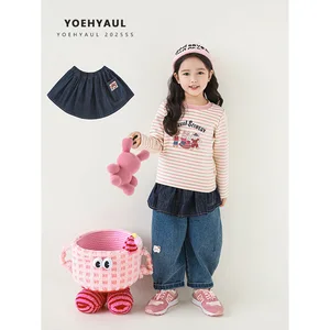 YOEHYAUL S1828 1-8T Denim Pocket Girls Belt Decoration Elastic Belt Dark Blue Denim Suitable for Girls to Wear Belt
