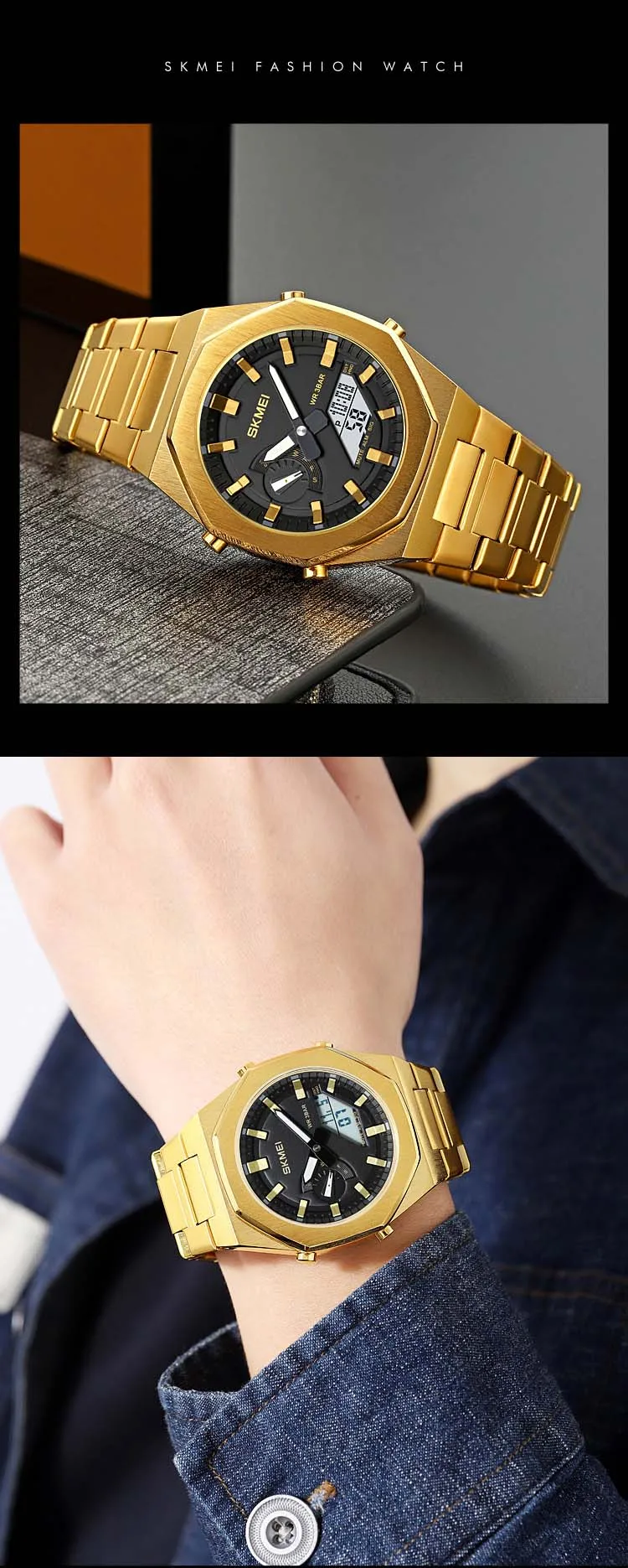 Skmei 1816 Fashion World Man Quartz Watch Costume Stainless Steel Band Double Display Chronograph Character Casual Watch Set