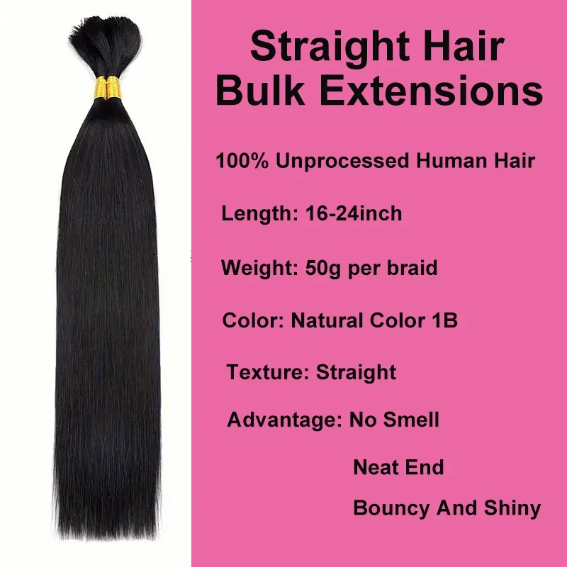 100% Human Hair Bulk for Braiding Straight Human Braiding Hair No Weft for Natural Black 50 Grams Hair Extension Cuticle Aligned_voghion.com