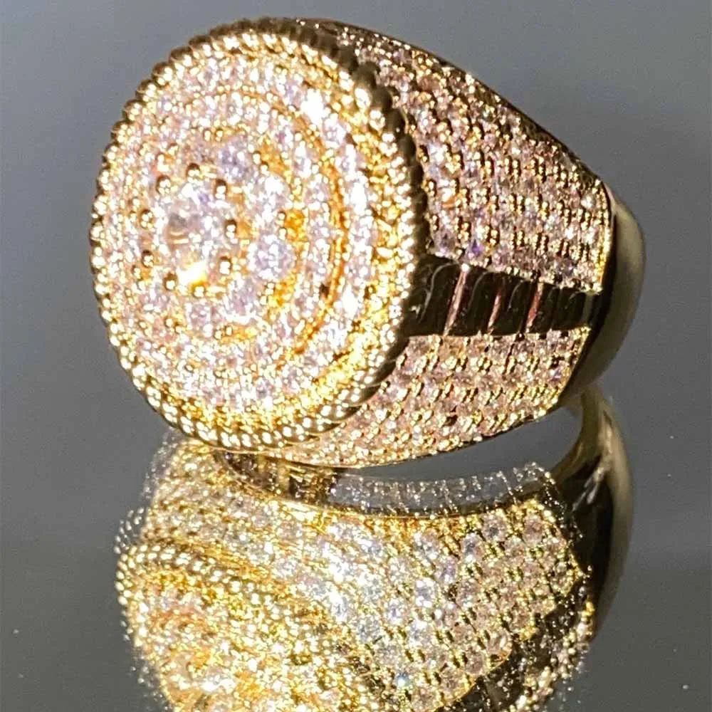 Hip Hop 14k Gold Plated Man Big Finger Rings Full Of Cz Diamond Gold Rings Full Cubic Zircon Ring For Mens