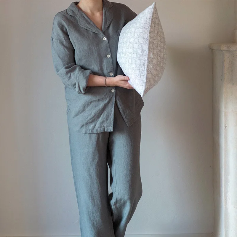 Unisex Linen Pajama Set Women Men Sleepwear Couple Nightgown Eco Sustainable Flax Linen Clothing Support