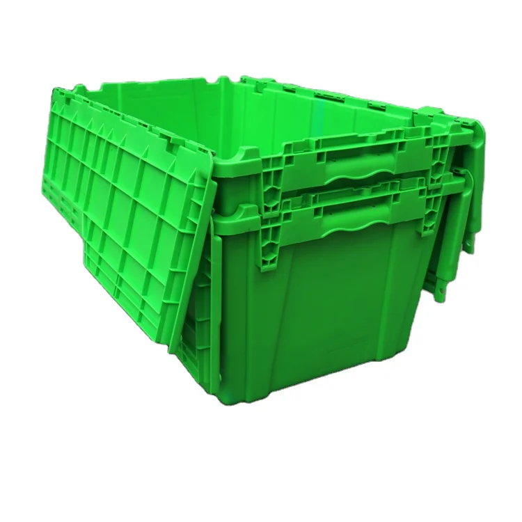 Plastic Storage Stackable Crate  Attached Lid Tote Container Plastic Moving Tote Crates Turnover Boxes