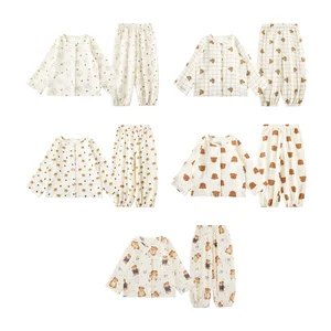 Double Layer Crepe Cute Cartoon Print Custom Baby Boys Spring Pajamas Hot Sale Wholesale Toddler Boys Night Wear Sleepwear