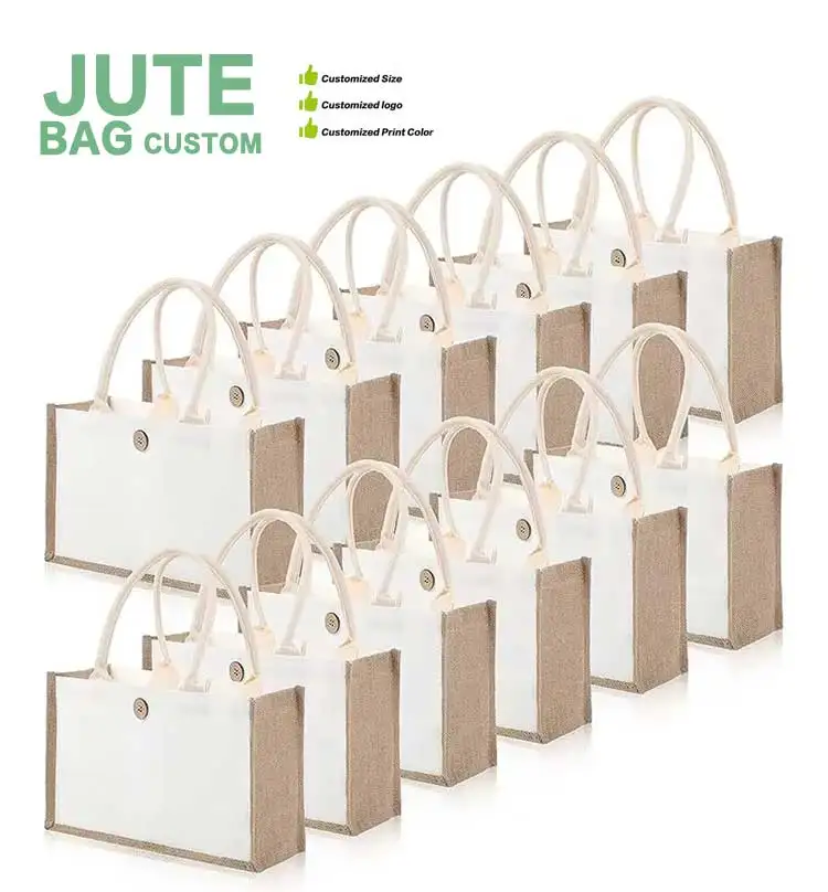 Wholesale Custom Heat Transfer Logo Printed Waterproof Shopping Tote Jute Burlap Hemp Grocery Bag for Eco Gift Packaging