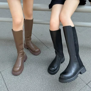 College Style Knee High Leather Patchwork Anti Slip,Ladies Fashion Boots and Comfortable Women's Shoes with Increased Height