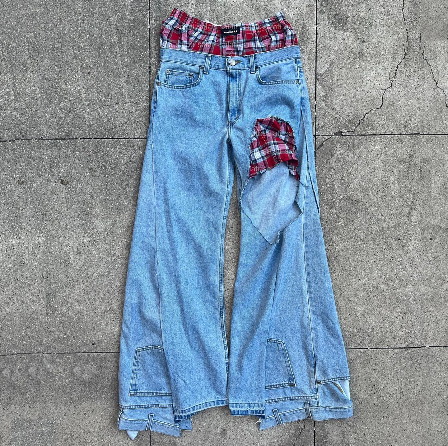 Custom Double Waist Denim Pants Straight Leg Plaid High Waist Oversized Ripped Cotton Baggy Streetwear Flare Jean Pants for Men