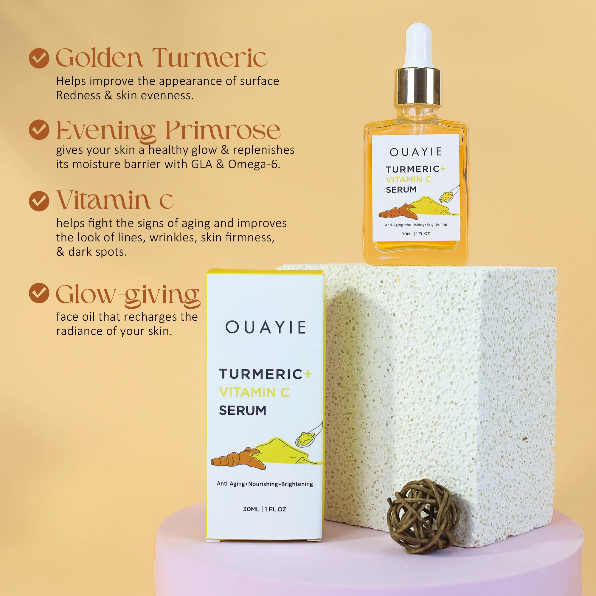 Hot Sale Private Label Organic Turmeric Skin Care Facial Serum for Lightening Glowing Brightening Turmeric Serum Oil
