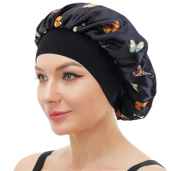 New Arrival Wide Band Satin Bonnet Cap Butterfly Pattern Hair Bonnets for  Women Sleeping Natural Hair