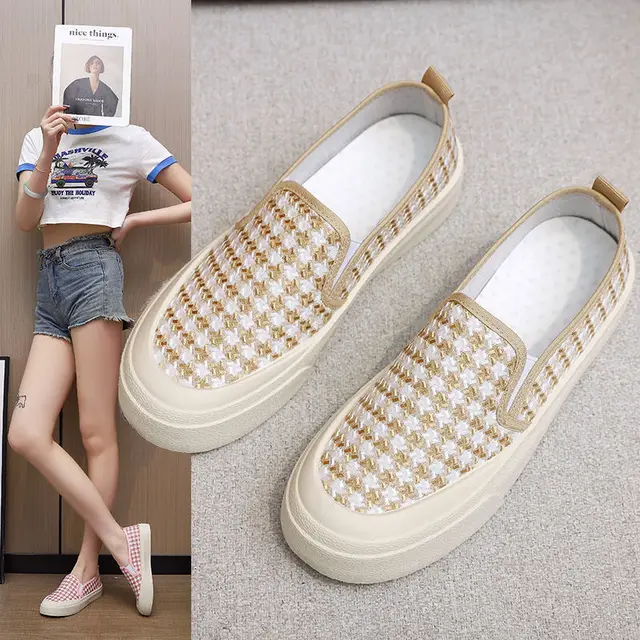 Spring Autumn New Korean Fashion Casual Plaid Slip-On Lazy Student Shoes Factory Wholesale for Women Trendy Single Canvas