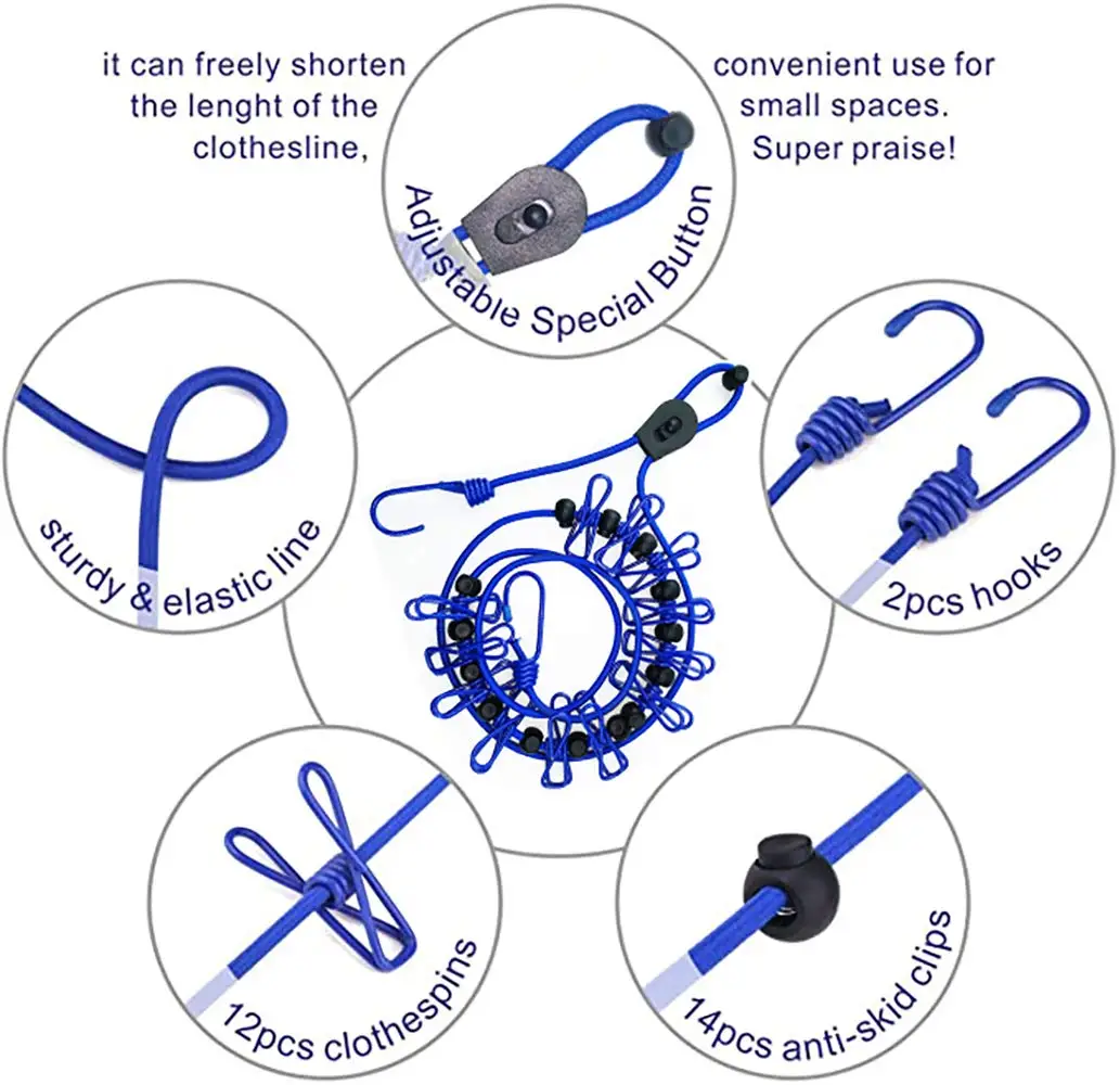 Retractable Adjustable Portable Camping Clothesline with 12pcs Clothespins