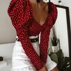 OOTN Elegant 2020 Lace Up Red Crop Top Blouse Sexy Backless Chic Ladies Shirts Vintage Polka Dot Women Puff Long Sleeve Wrap Top