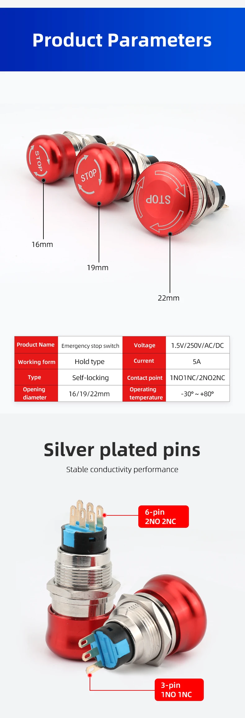 Emergency Stop Mushroom-Shape Brass Push Button Switch IP65 10A 1NO1NC 500000 Times Mechanical Life LiXiang Home Appliances