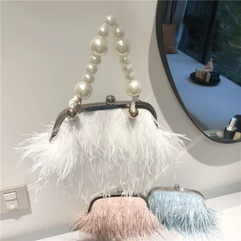 Ostrich Fur Feather Pearls Handle Wallet Clutch Bag Women Eveningclutch Diamond Knuckle Rings Dinner Party Purse