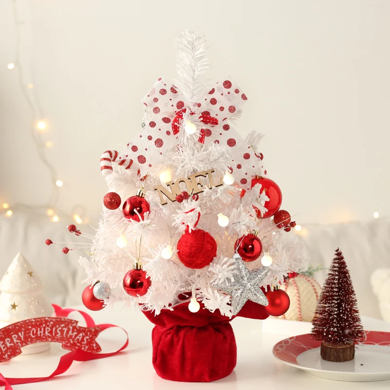 Table Christmas Decorations Small Mini Christmas Tree with White Hanging Ornaments and Led Light Christmas Decoration Supplies