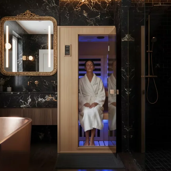 Vhealth Modern Solid Wood Electric Far Infrared Carbon Panel Sauna Room with Transom Windows for 1 Person