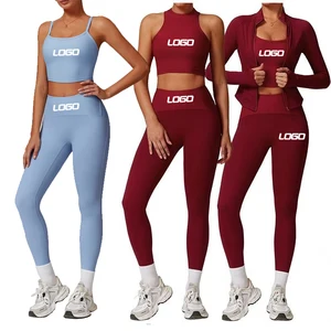 Custom Running Suit Gym Set for Women Ribbed Yoga Sets With Jacket Gym Clothes 3 Pcs Tracksuit Women's Workout Yoga Sets