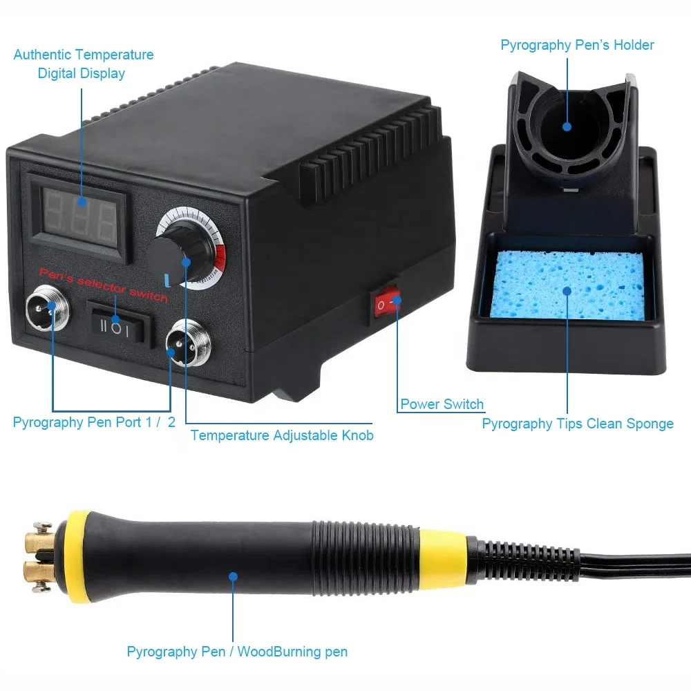 Professional Pyrography Tools 60W Adjustable Temperature Woodburning Machine Kits  With 20PCS Various Pyrography Tips