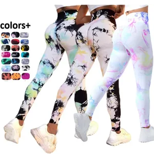 Wholesale Women's High Waist Tie-Dye Gradient Yoga Leggings Seamless Scrunch Butt Moisture-Wicking Gym Outdoor Tights