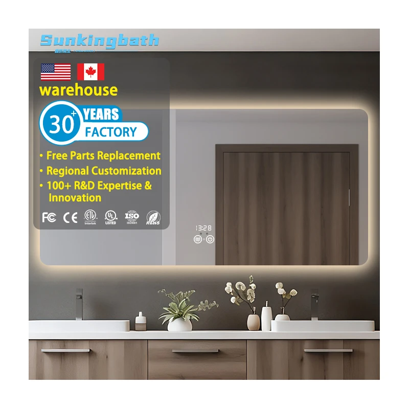 Led Illuminated Wall Mount Mirror Wall Hanging Customizable Mirror Explosion-Proof Bath Mirror and Power Socket