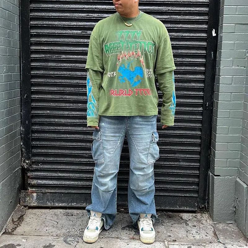 Custom Screen Print Long Sleeve Tee Double Layer Distressed Shirt Layered Long Sleeve T Shirt for Men gallery 4