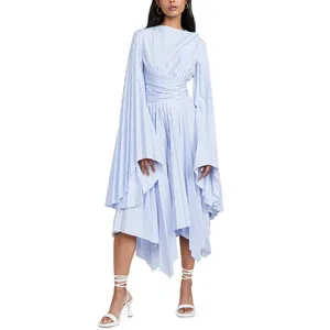 Casual Dresses Women Clothing Cotton Light Blue Stripe Pleated Puff Sleeve Asymmetrical Midi Dress With Belt