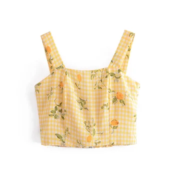 Cute design yellow plaids lemon print back elastic women summer stylish crop tank top
