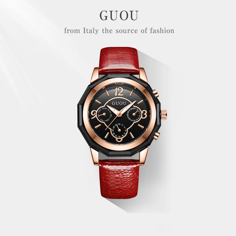 GUOU 8042G Women Dress Watch with genuine leather