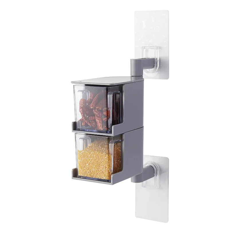 Wall-mounted Seasoning Box with Spoon Storage Can Set Spice Box for Kitchen Storage Tools Organizer Multi-layer Rotating Plastic