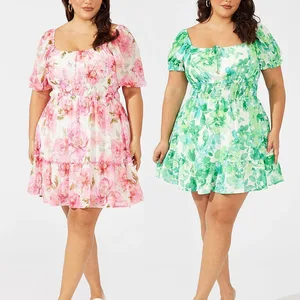 OEM Factory Wholesale v Neck Chiffon Polyester Mini Plus Size Dress Women Custom logo Loose Casual Fashion Flower Floral Dress