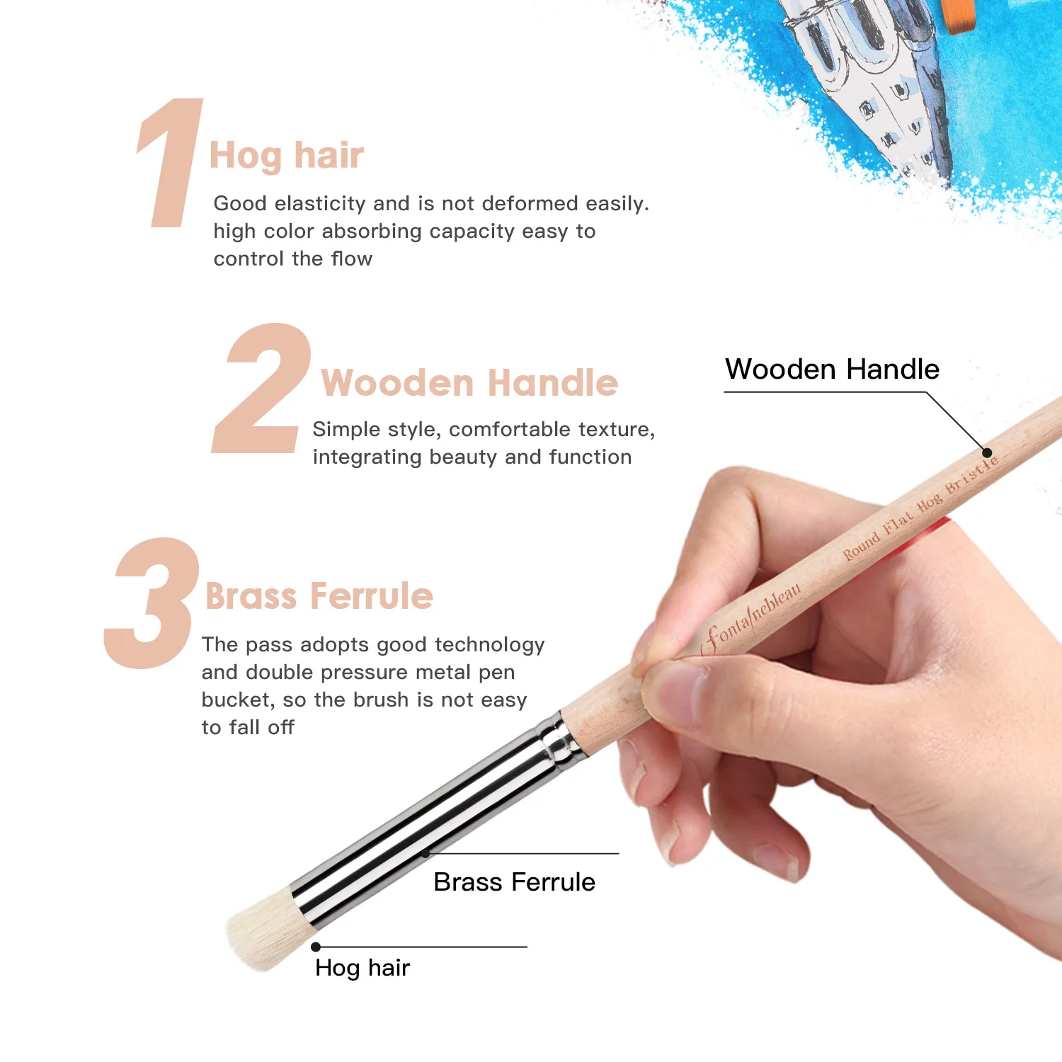 Fontainebleau New Arrival 24pcs Oil Brush Set Hog Bristle Wooden Handle Artist Paint Brush for Acrylic Oil Paiting