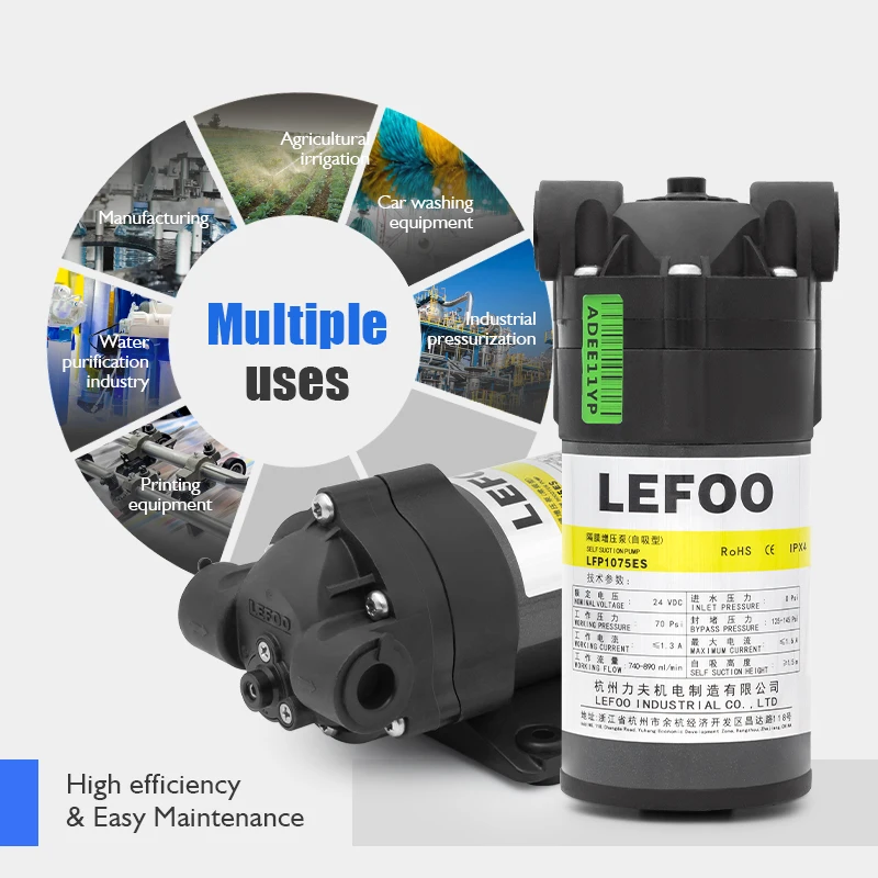 LEFOO Low Noise 75GPD 10bar RO Water Pump 24V DC Motor Diaphragm Booster Pump for Clean Drinking Water Purifier