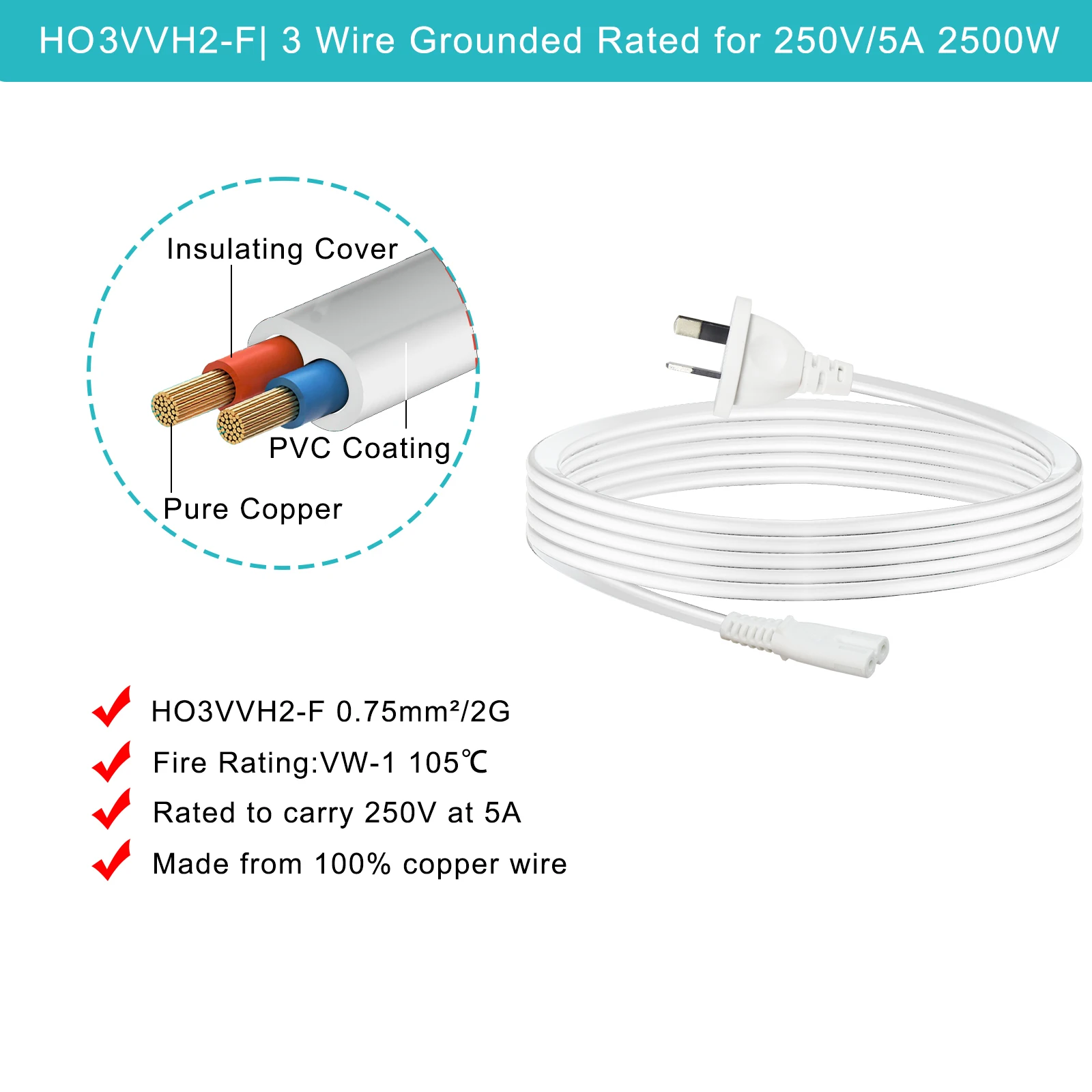 Iec C7 3m 2 Pin Cord Saa Certificate Plug White Color Tv Ps4 Power