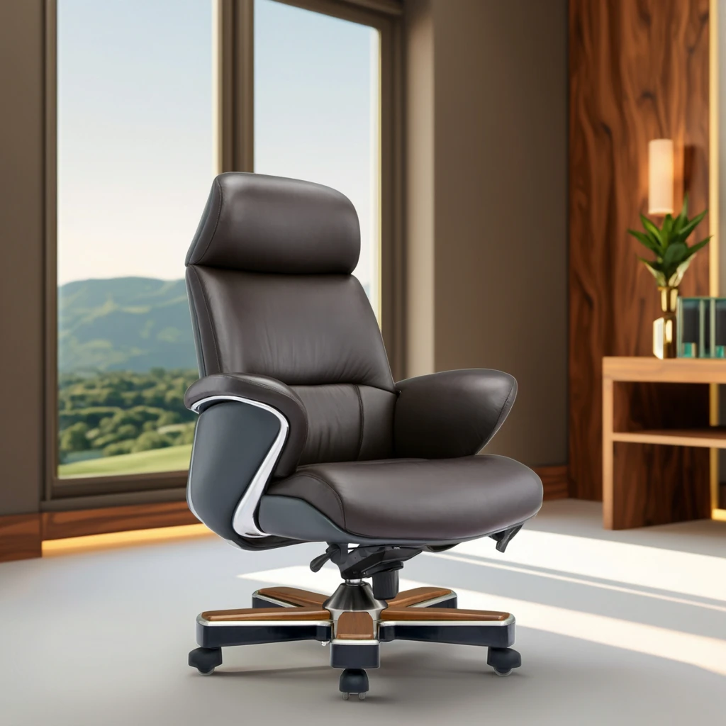 Luxury Modern Leather Executive Chair with Alloy & Wood Hybrid Structure Adjustable Height Nylon Wheels 2