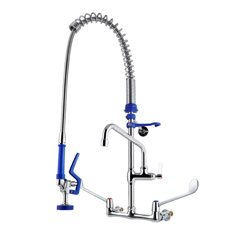 product industrial design wall mounted commercial kitchen faucet chrome finish dual handle pull down spray 2 holes hotel use brass-2