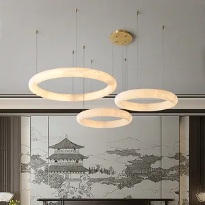 Zeal Lighting Luxury Modern Marble Ring Pendant Light Alabaster Circle Leather Chandelier Living Room