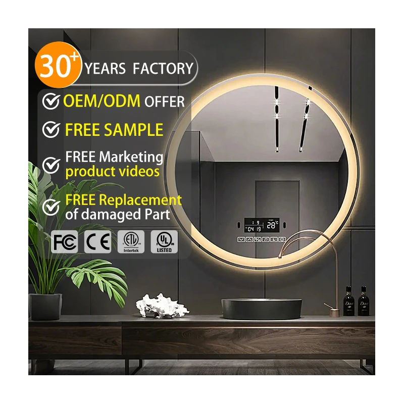 Hotel Project Round Touch Screen Make up Light Bathroom Led Mirror Illuminated Led Clock Temperature Bathroom Mirror