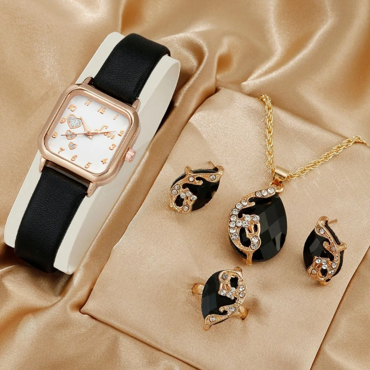 YuSa627 Luxury Watch Jewelry Set Women Rhinestone Fashion Necklace Earrings  Ring Wristwatch Casual Ladies Wrist Watch Clock