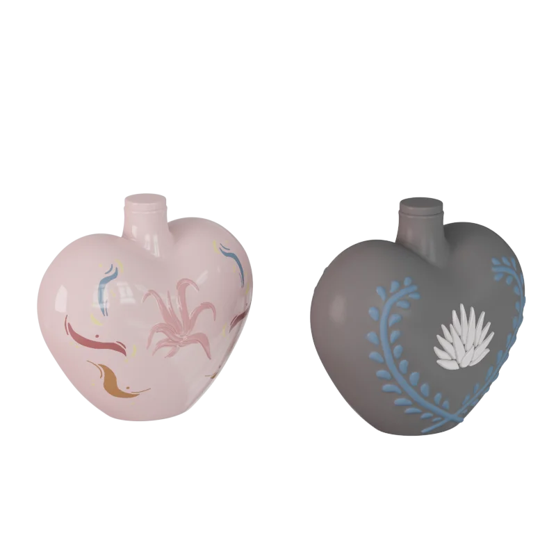 Handmade Custom Decal Heart Design Embossed Agave Pattern Glazed pink Ceramic Empty Liquor Decanter Tequila Whisky Wine Bottle
