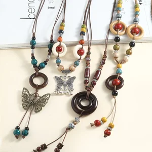 Ethnic Style Butterfly Diamond Pendant Ceramic Necklace Long Sporty Versatile Bamboo Circle Sweater Adjustable Clothing